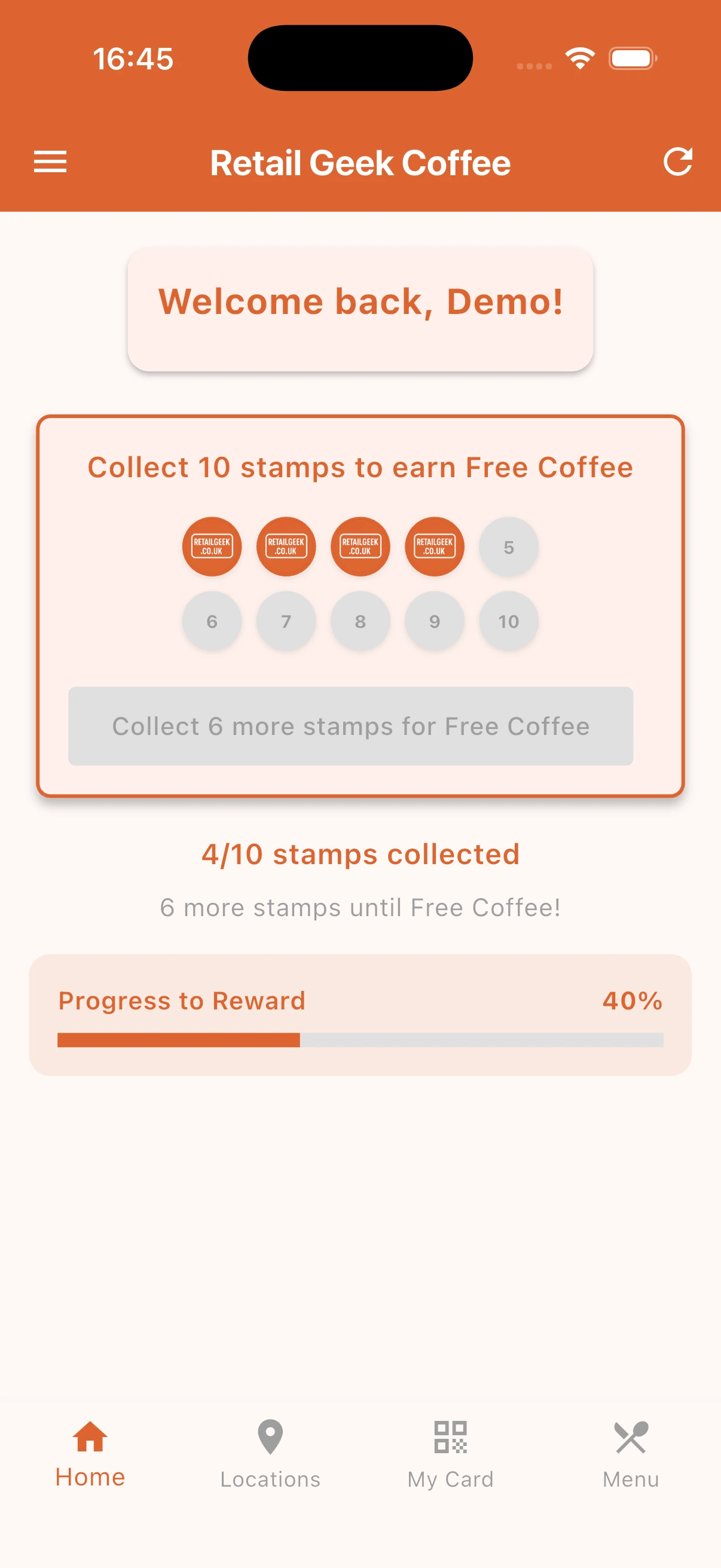 A branded loyalty app on a smartphone screen showing a retailer's logo and loyalty points